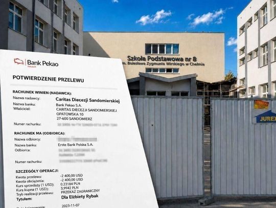 Z potwierdzenia przelewu 2400 dolarów wynika, że nadawcą był Caritas Diecezji Sandomierskiej, odbiorcą ówczesna dyrektorka szkoły, a w tytule przelewu wpisano „Dla Elżbiety Rybak”.