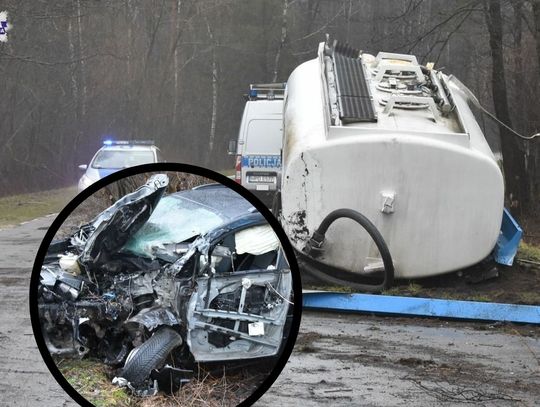 Lubelskie. Cysternę zarzuciło na zakręcie. Prawie zmiażdżyła mazdę [FOTO]