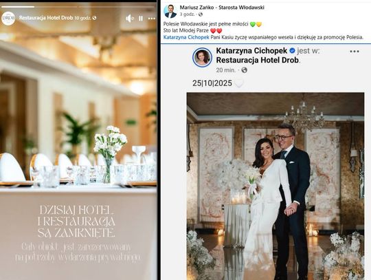 zbitka zdjecia ze ślubu cichopek i kurzajewskiego z komunikatem hotelu i starosty włodawskiego