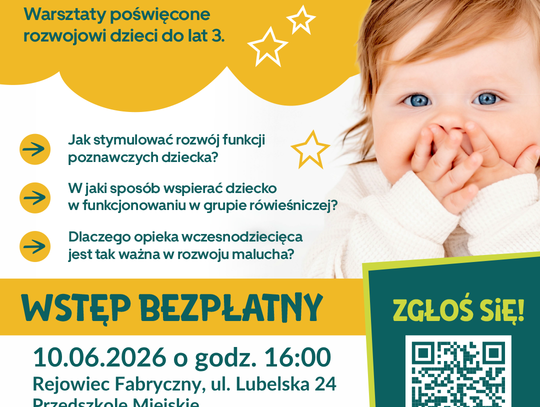 W Rejowcu Fabrycznym 10 czerwca o godz. 16:00 w Przedszkolu Miejskim w Rejowcu Fabrycznym odbędą się otwarte warsztaty poświęcone rozwojowi najmłodszych dzieci.