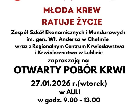 Chełm. Akcja honorowego krwiodawstwa w Zespole Szkół Ekonomicznych i Mundurowych w Chełmie 27 stycznia w Zespole Szkół Ekonomicznych i Mundurowych w Chełmie odbędzie się kolejna edycja akcji honorowego krwiodawstwa.