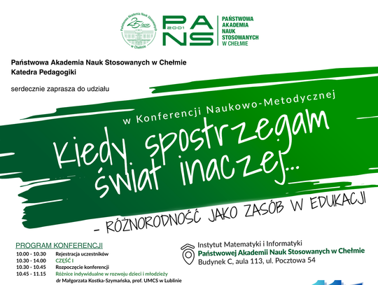 11 marca odbędzie się konferencja „Kiedy spostrzegam świat inaczej...” organizowana przez PANS Chełm.