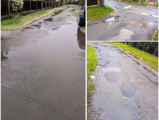 Tak wygląda nawierzchnia ulicy Ignacego Kraszewskiego w Chełmie po opadach deszczu. Liczne ubytki w jezdni wypełniają się wodą, przez co trudno ocenić ich głębokość. Miasto zapowiada doraźne naprawy do 20 listopada, a kompleksową przebudowę ulicy planuje na 2027 rok.