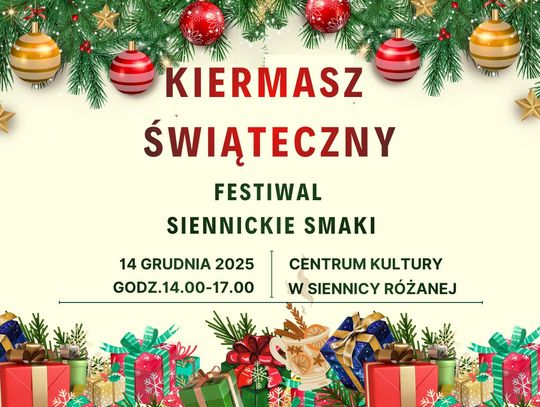 Centrum Kultury w Siennicy Różanej organizuje Jarmark Bożonarodzeniowy, który odbędzie się w niedzielę, 14 grudnia o godzinie 14:00.