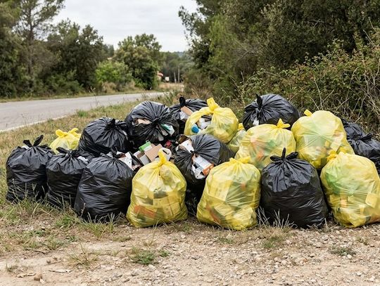 śmieci w czarnych i żółtych workach przy drodze