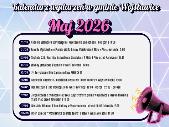 W maju w gminie Wojsławice zaplanowano cykl wydarzeń obejmuje szerokie spektrum aktywności, począwszy od inicjatyw o charakterze historycznym, przez zmagania sportowe, aż po spotkania autorskie i rajdy samochodowe.