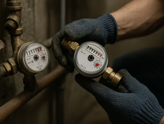 wymiana wodomierza w rękawiczkach