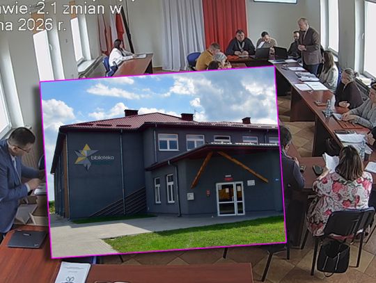 zdjecie gminnej biblioteki na tle kadru z sesji rady gminy wyryki
