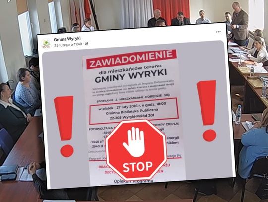 Gm. Wyryki. Rodzina z Kaplonos oszukana na fotowoltaikę. Takie firmy mają gminny zakaz apel o ostrożność i kadr z sesji rady gminy wyryki