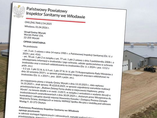 skan opinii sanepidu na tle przykładowego kurnika na fermie drobiu