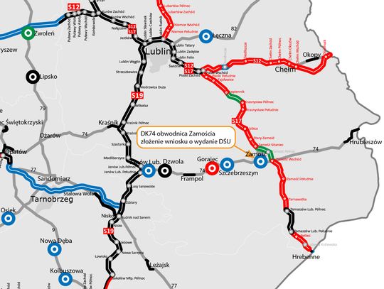 Generalna Dyrekcja Dróg Krajowych i Autostrad złożyła wniosek o decyzję środowiskową dla obwodnicy Zamościa w ciągu DK74, rekomendując wariant 3C (zielony).