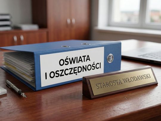teczka z napisem oświata i oszczędnościn a biurku na której stoi tabliczka z napisem STAROSTA WŁODAWSKI