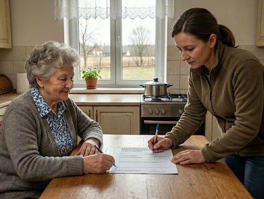 seniorka i pracownik socjalny wypełniają kartę pracy