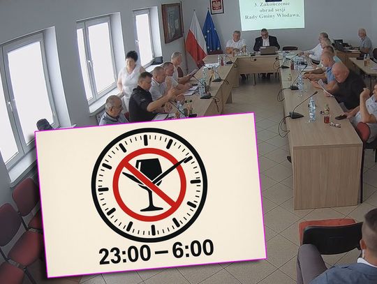 kadr z sesji rady gminy włodawa i grafika z godzinamu obowiazywania ograniczenia w sprzedazy alkoholu