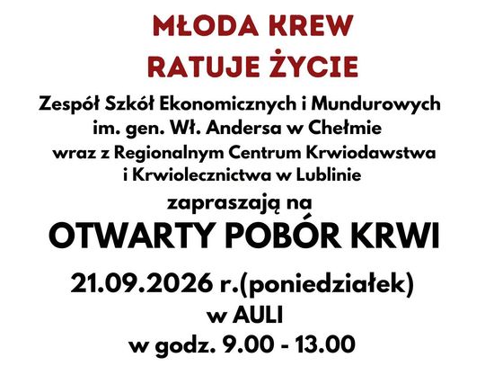W Chełmie 21 września w godzinach 10-13 odbędzie się otwarty pobór krwi w ZSEiM.