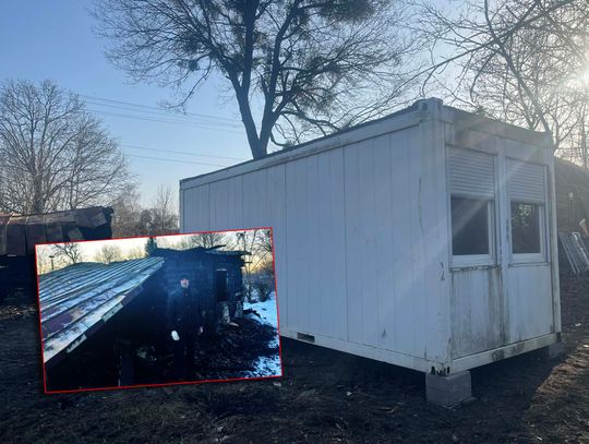 kontener mieszkalny i zdjęcie pogorzelca ze zbiórki