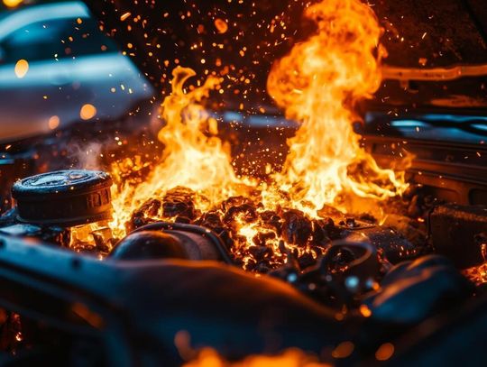 Płonęło Volvo na prywatnej posesji w Strzelcach. Służby sprawdzają, czy było to podpalenie
