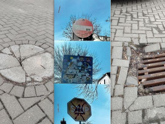 Włodawa. Drogi czekają na łaty i na dofinansowanie, studzienki na nowe pokrywy na zdjęciach są znaki drogowe i pokrywy studzienki, które wymagaja wymiany