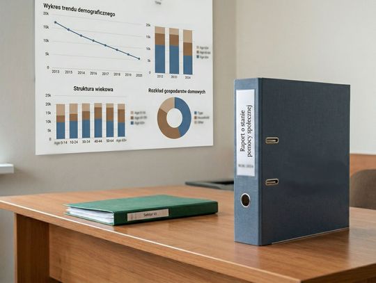 teczka na biurku z napisem raport o stanie pomocy społecznej, na ściane wykres