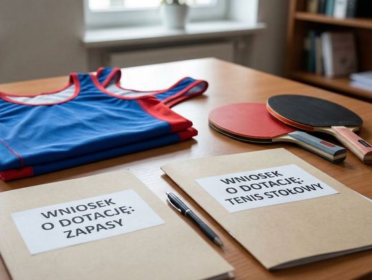 nowy strój zapaśniczy oraz paletki do tenisa stołowego na stoliku, na który leżą dwie teczki z napisami: WNIOSEK O DOTACJĘ: ZAPASY oraz WNIOSEK O DOTACJĘ: TENIS STOŁOWY