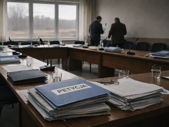 widok na salę obrad ze stosem teczek na stole, jedna z napisem petycja