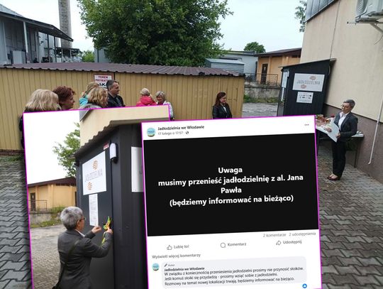 kadr z otwarcia jadłodzielni i komunikat o zapowiedzi jej przenosin w nowe miejsce