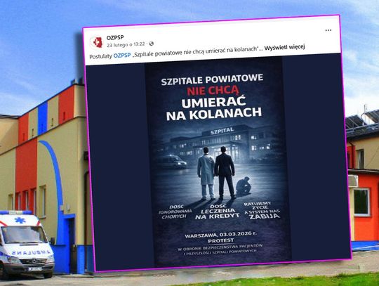 plakat protestu na tle włodawskiego szpitala