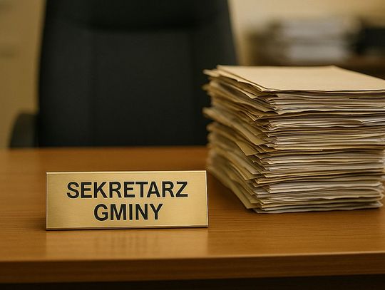 biurko z tabliczką: sekretarz gminy