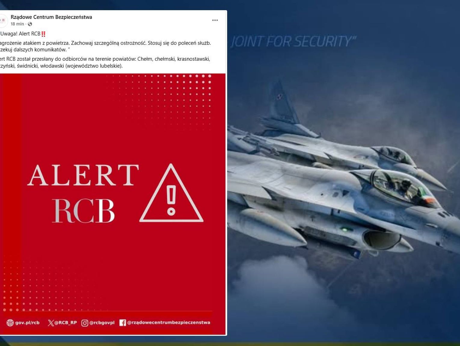 ALERT RCB dla mieszkańców woj. lubelskiego: „Zagrożenie atakiem z powietrza”
