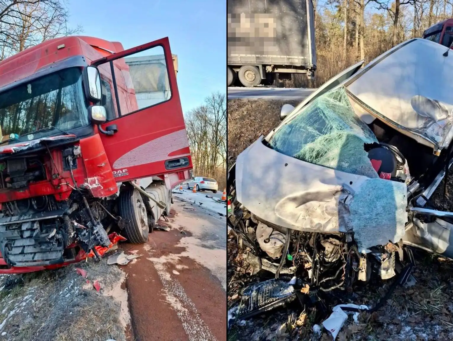 Czołówka osobówki z ciężarówką na krajowej 17. Kobieta zabrana LPR do szpitala [ZDJĘCIA]