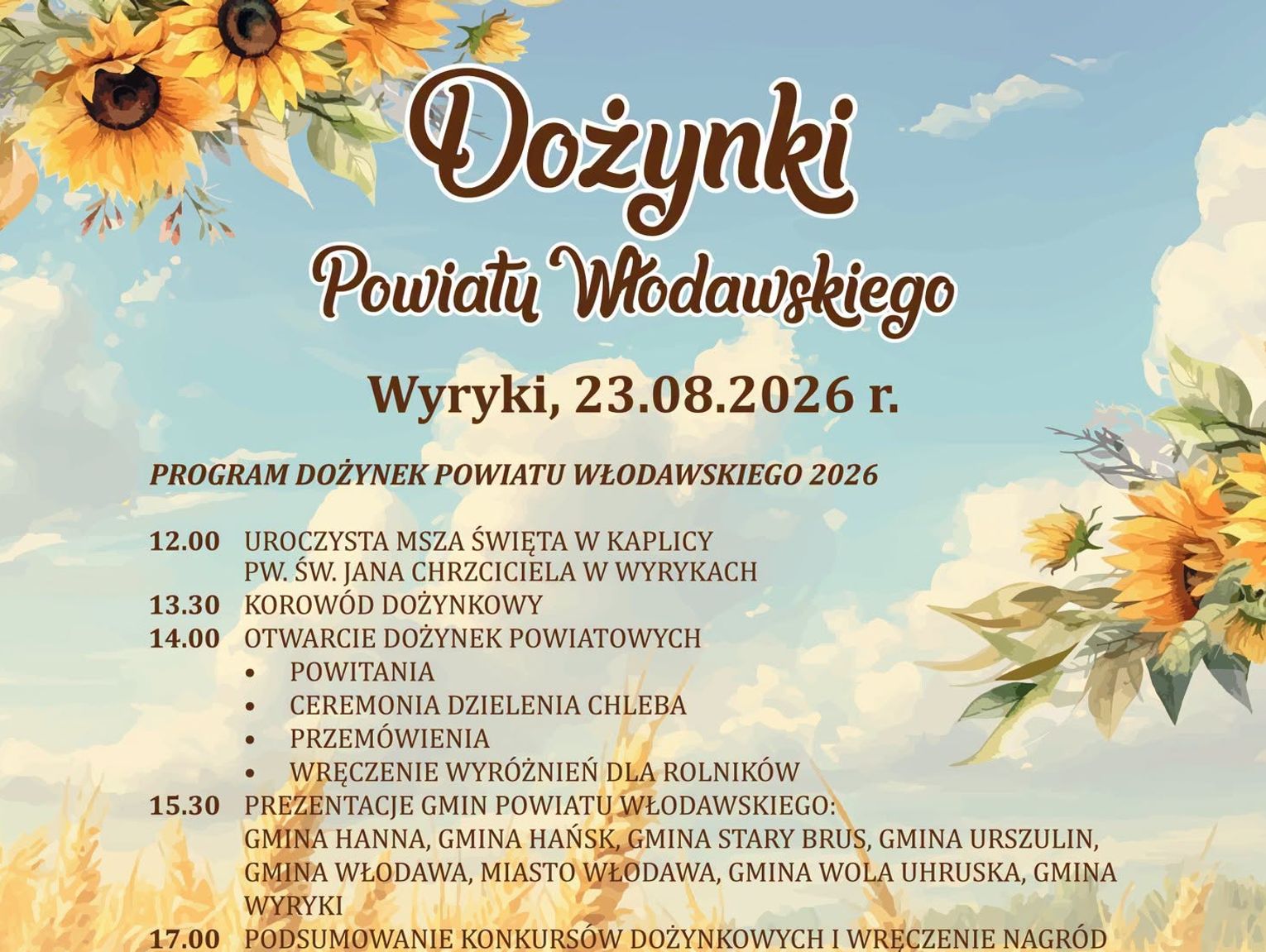 Dożynki powiatu włodawskiego w Wyrykach. Znamy program