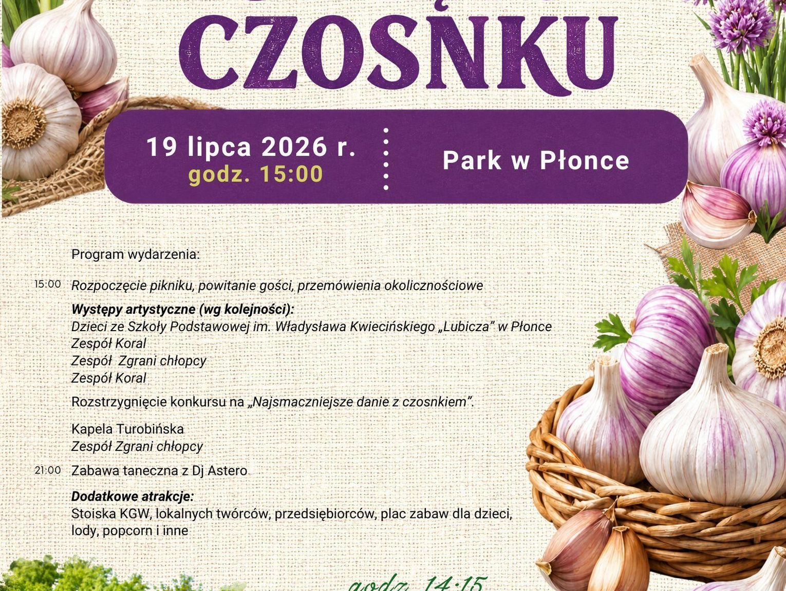 Gm. Rudnik. Święto Czosnku w Płonce. Muzyka, konkurs kulinarny i otwarcie parku