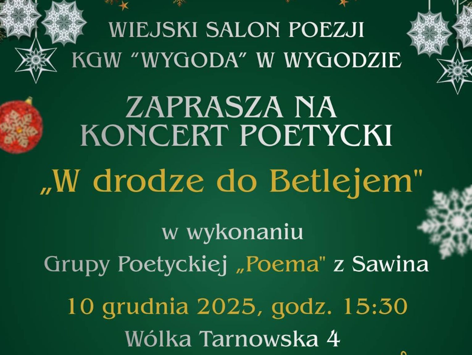 Gm. Wierzbica. Wiejski Salon Poezji w Wygodzie zaprasza na świąteczne spotkanie