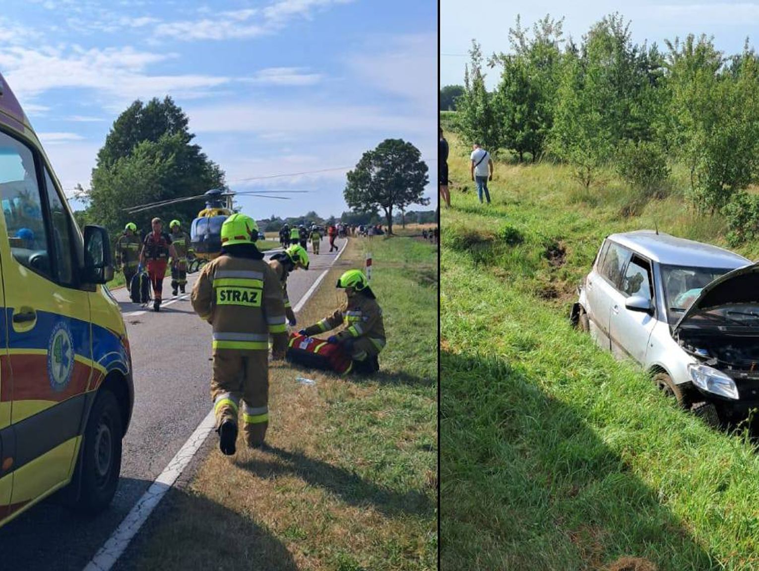 Groźny wypadek na drodze wojewódzkiej. Ford wypadł z trasy, interweniował śmigłowiec LPR [ZDJĘCIA]