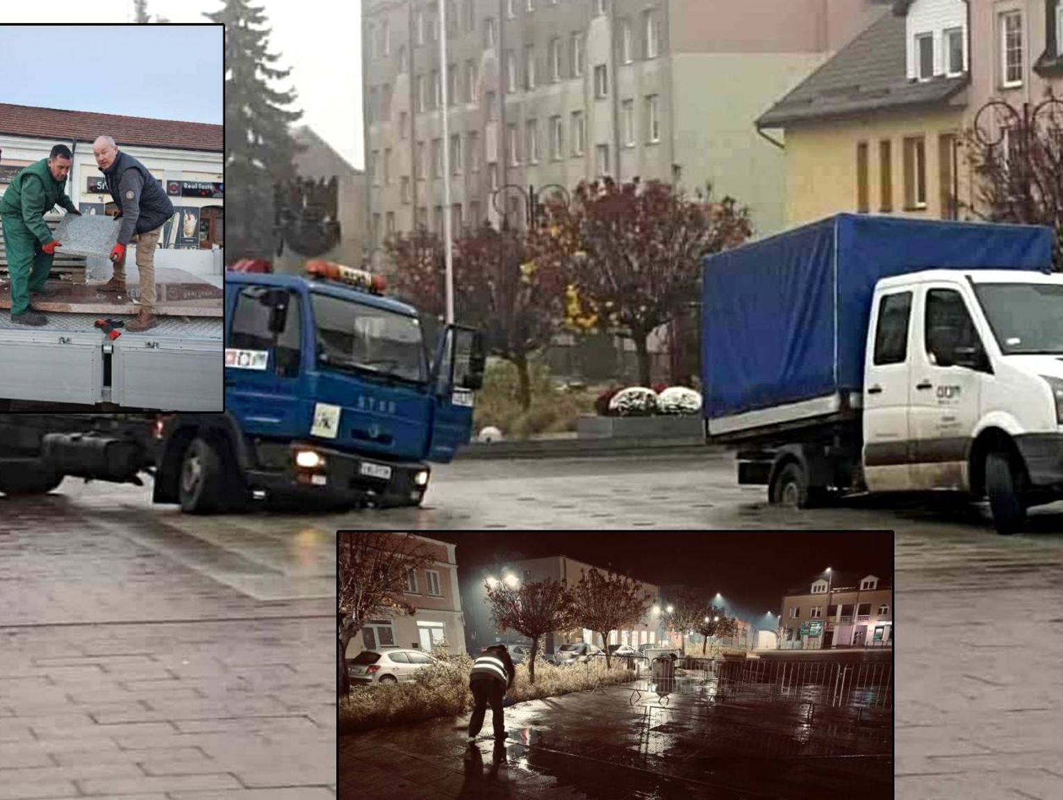 Niecodzienny incydent we Włodawie: dwie ciężarówki MPGK zapadły się w fontannie na rynku [ZDJĘCIA]