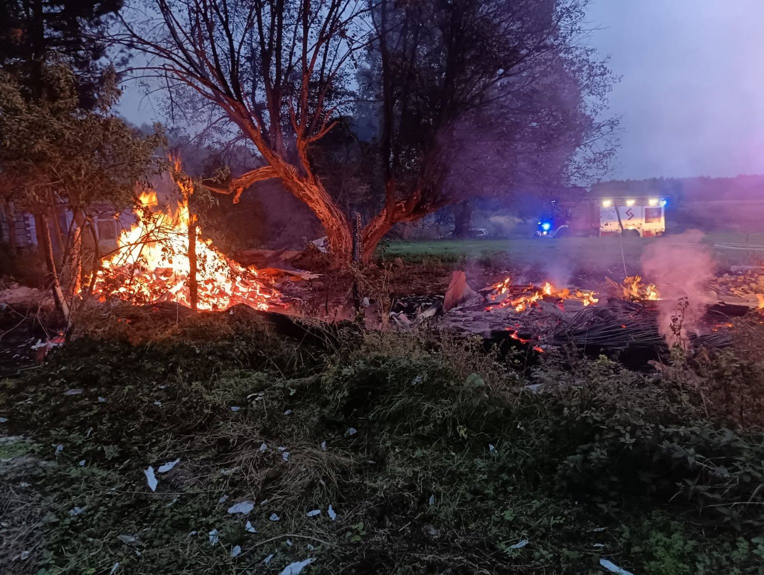Ogień strawił opuszczoną stodołę w Sajczycach. Strażacy bronili lasu