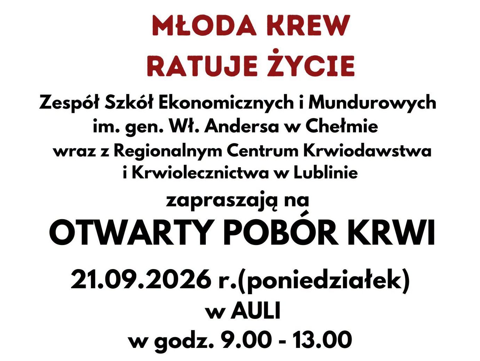 Otwarty pobór krwi w Chełmie już 21 września