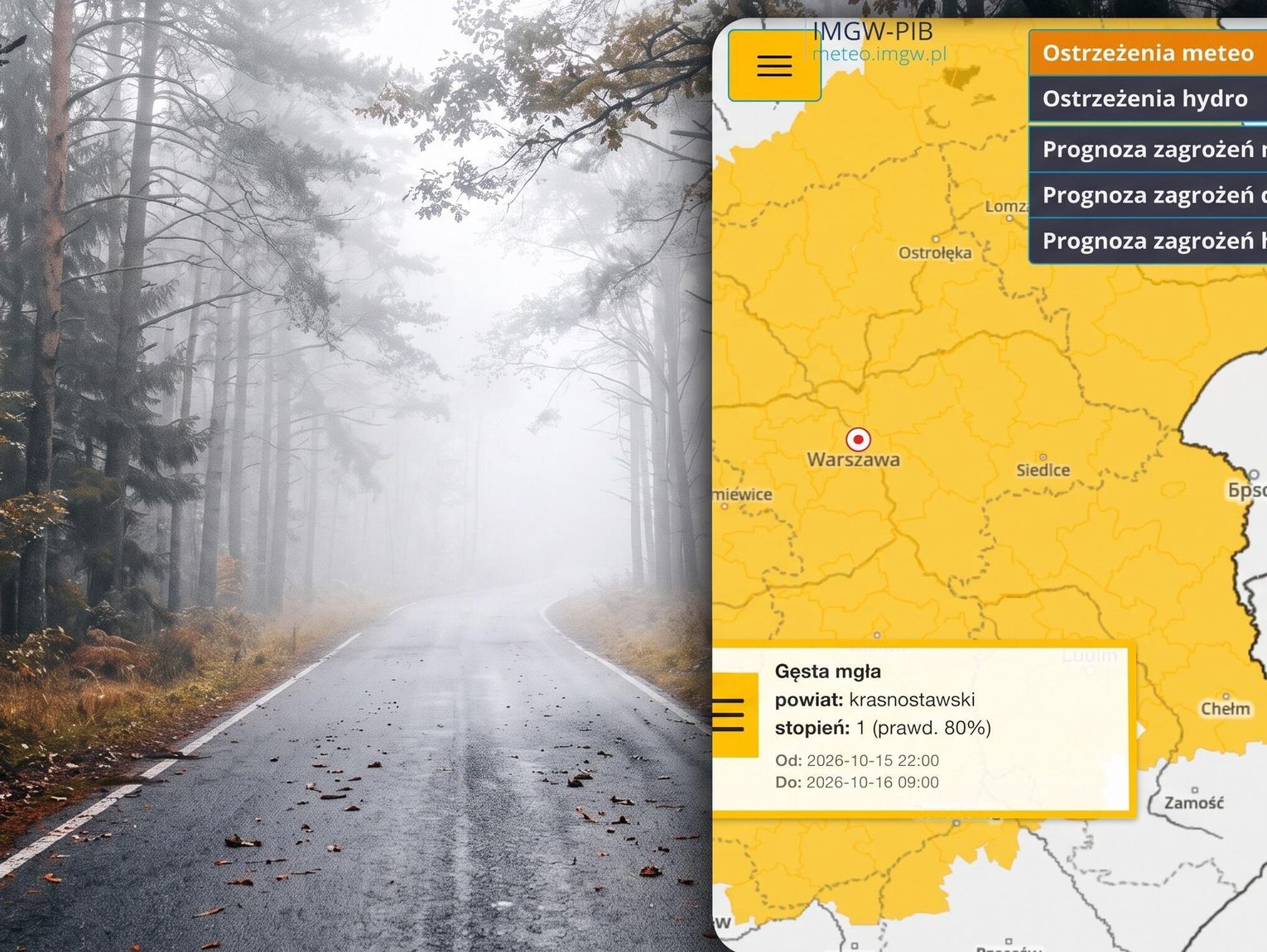UWAGA! Ostrzeżenie przed gęstą mgłą w regionie! Widzialność spadnie poniżej 200 metrów