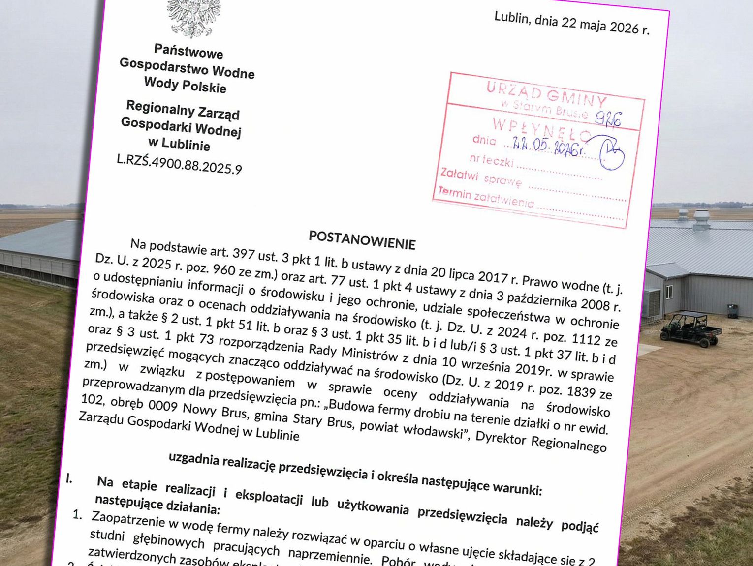Wody Polskie stawiają warunki budowie fermy w Nowym Brusie