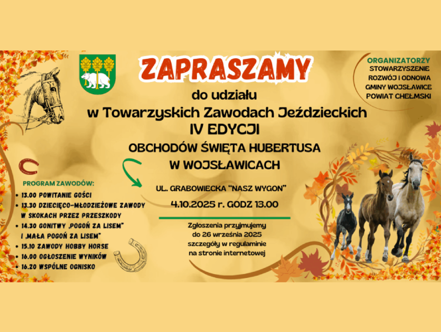 Wojsławice. Zapowiedź IV edycji Towarzyskich Zawodów Jeździeckich. Obchody św. Hubertusa