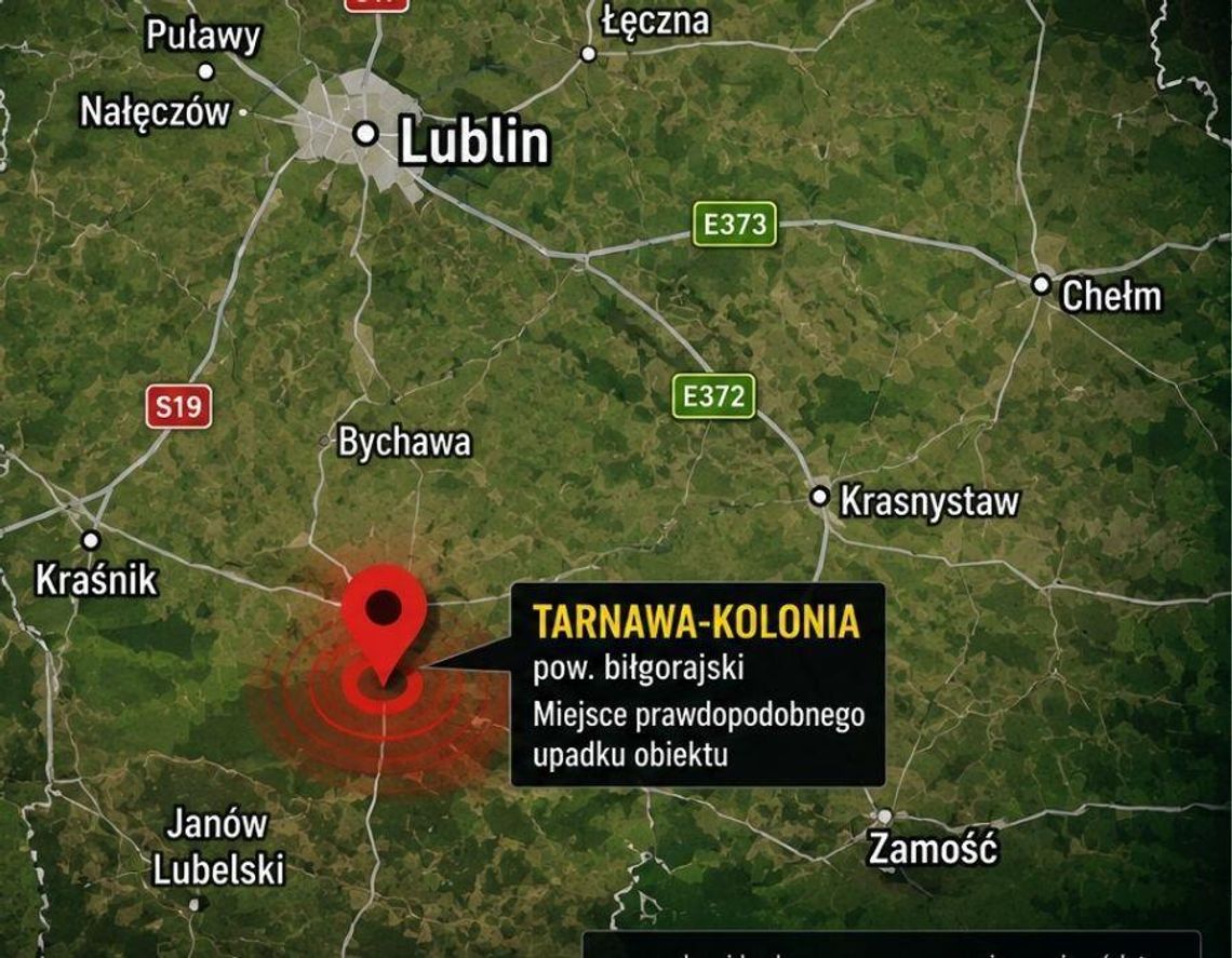 Alarm w Lubelskiem. Niezidentyfikowany obiekt spadł pod Biłgorajem W Tarnawie-Kolonii w powiecie biłgorajskim, służby odnalazły prawdopodobne miejsce upadku niezidentyfikowanego obiektu.