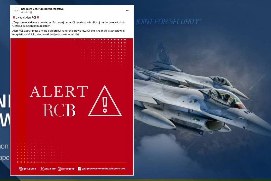 ALERT RCB dla mieszkańców woj. lubelskiego: „Zagrożenie atakiem z powietrza”