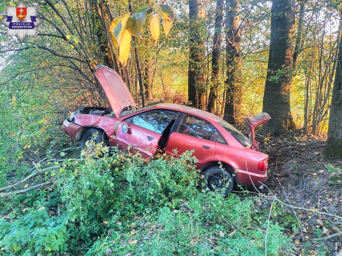 Audi wypadło z drogi w Równiankach. Dwaj nietrzeźwi mężczyźni trafili do aresztu