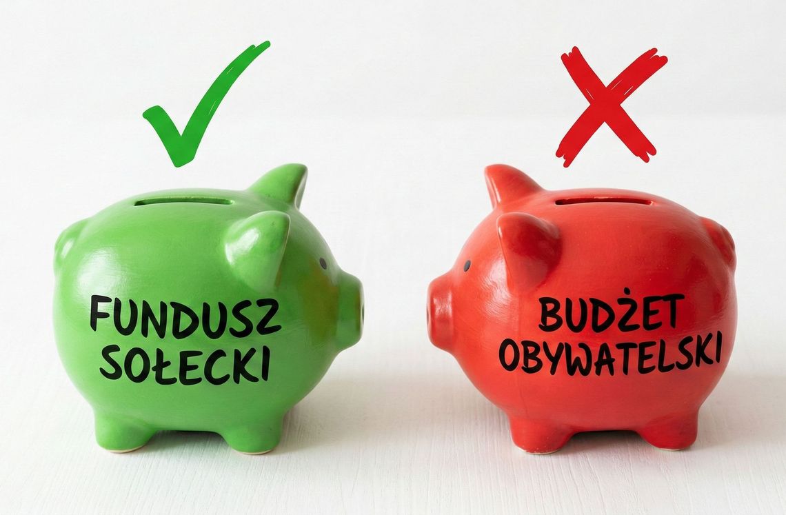 Batalia o fundusz sołecki w Wyrykach. Radni nie chcą budżetu obywatelskiego dwie skarbonki z napisami fundusz sołecki i budżet obywatelski