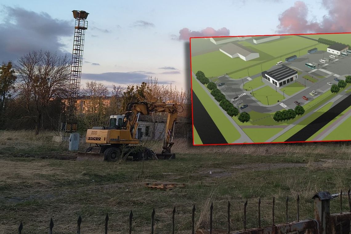 wizualizacja centrum przesiadkowego oraz zdjęcie obecnego stanu niezagospodarowanej działki