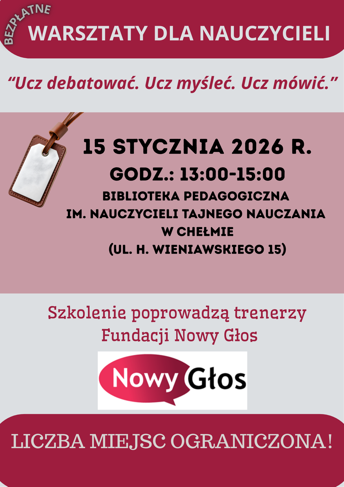 Zaproszenie na bezpłatne warsztaty skierowane do kadry pedagogicznej w Chełmie.