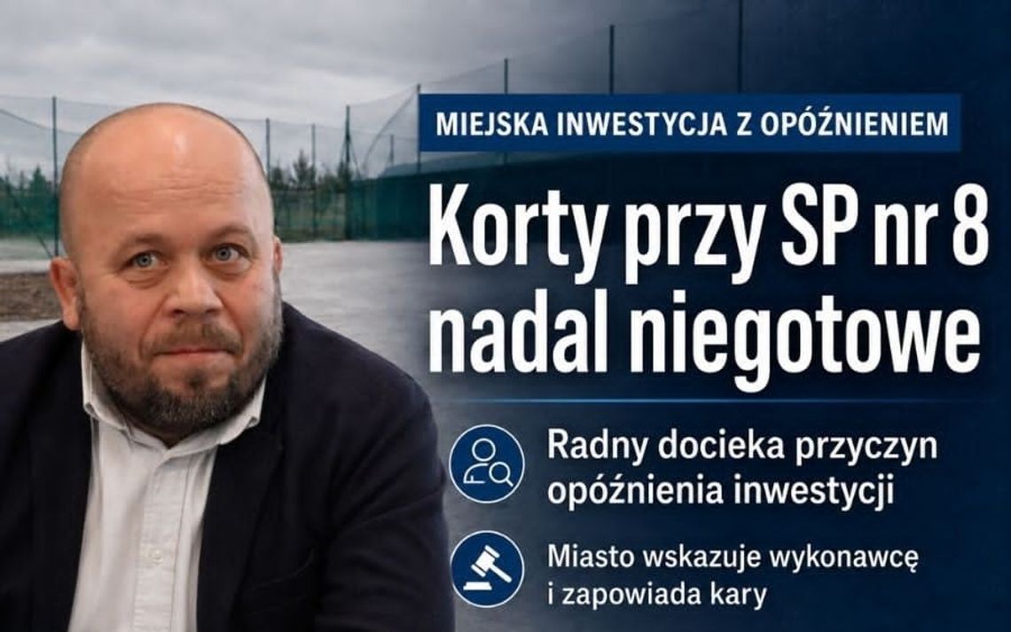 Radny Piotr Jabłoński interweniuje w sprawie opóźnionej budowy kortów tenisowych przy SP nr 8 w Chełmie. Miasto zapowiada naliczenie kar wykonawcy.