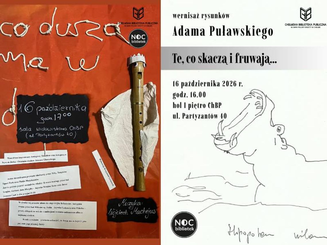 Chełm. Noc Bibliotek | Wernisaż Adama Puławskiego i monodram Krzysztofa Grzesiuka 16 października w Chełmskiej Bibliotece Publicznej odbędą się dwa wydarzenia Nocy Bibliotek: wernisaż Adama Puławskiego i monodram Krzysztofa Grzesiuka.