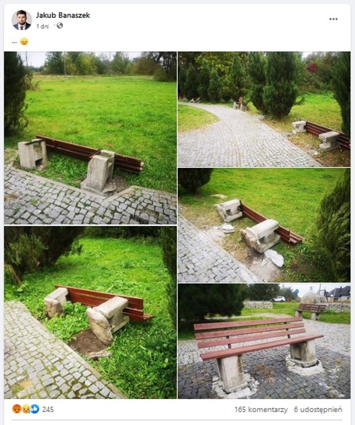 Połamane ławki w parku