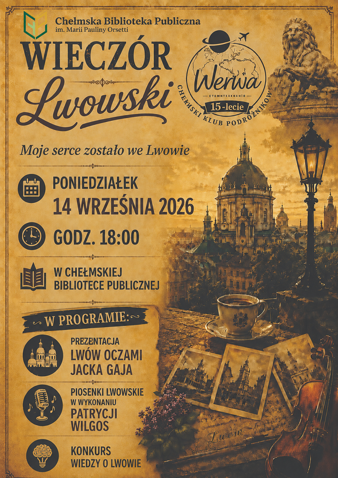 "Wieczór Lwowski" w Chełmskiej Bibliotece Publicznej odbędzie się 14 września o godzinie 18:00.